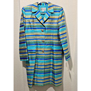 NWT Lily & Taylor Striped Blue Gold Jacket Midi Coat Sz 8 Metallic Rhinestones